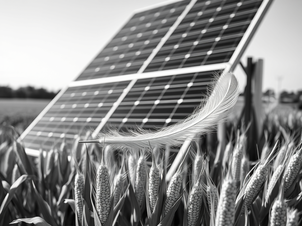 A single white feather stands out among lush green plants in the foreground, with solar panels visible in the background under a clear blue sky. in black and white